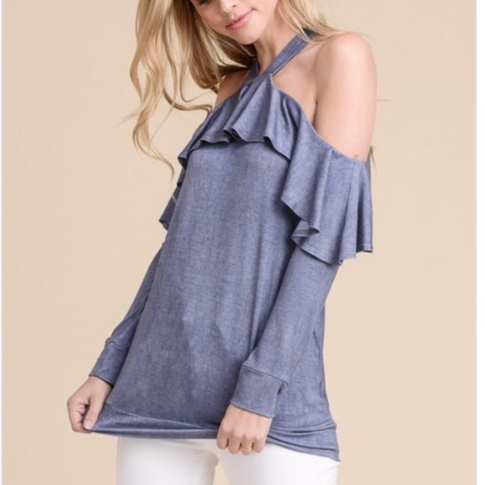 Indigo cold shoulder ruffle top - Picture 2 of 4
